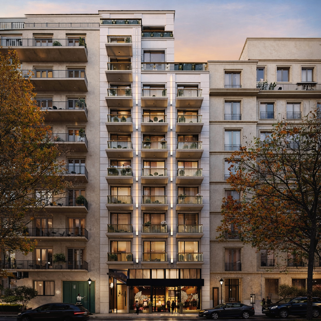 Render de alta resolución del edificio Maison Alvear al atardecer