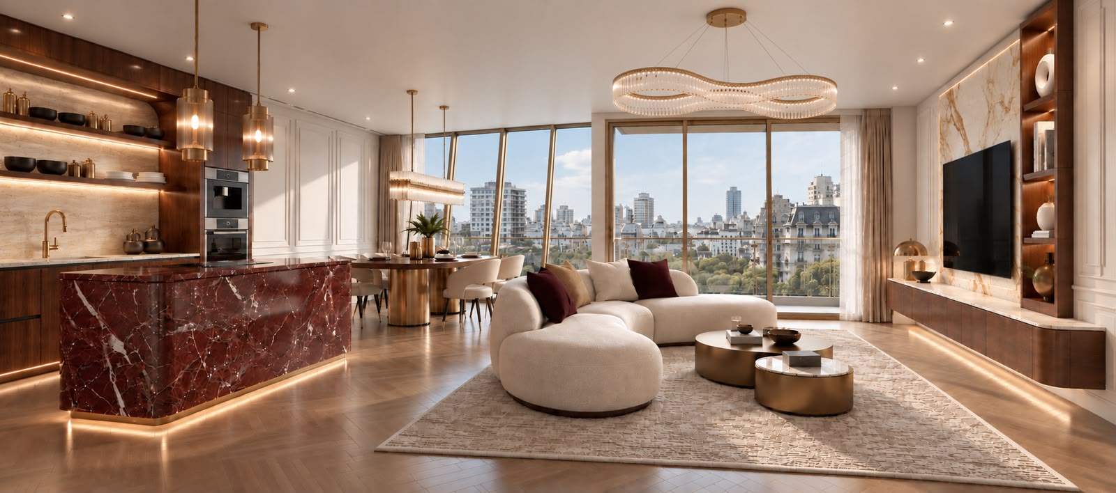 Planta abierta con cocina de isla de mármol bordó, comedor, sofá curvo y ventanales con vista a Recoleta