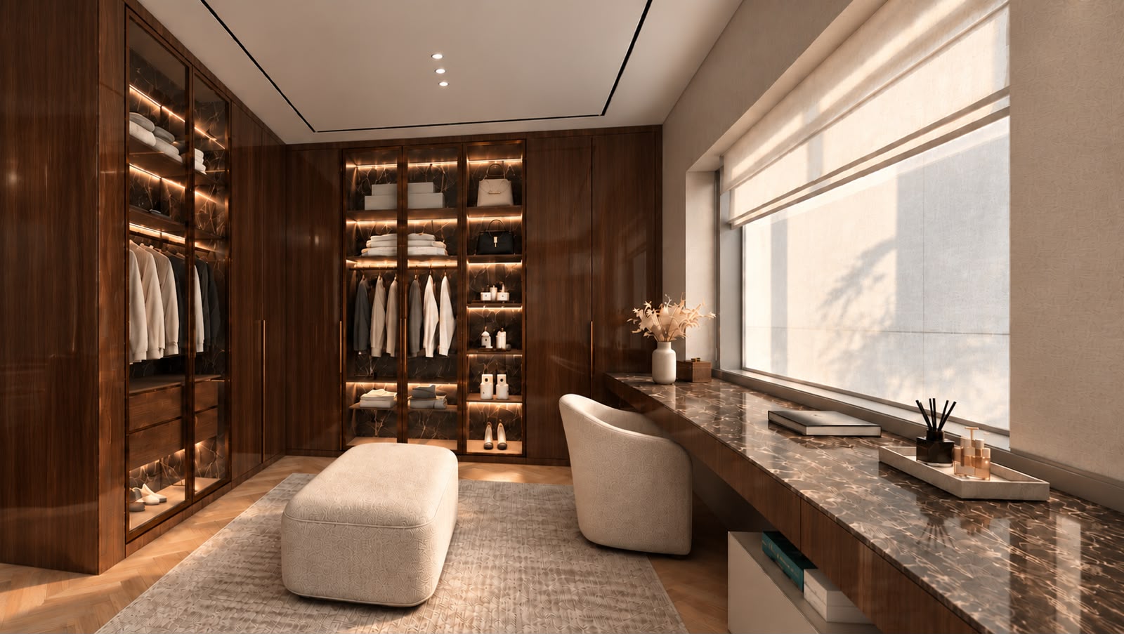 Vestidor a medida en madera con estantes iluminados, tocador y puff