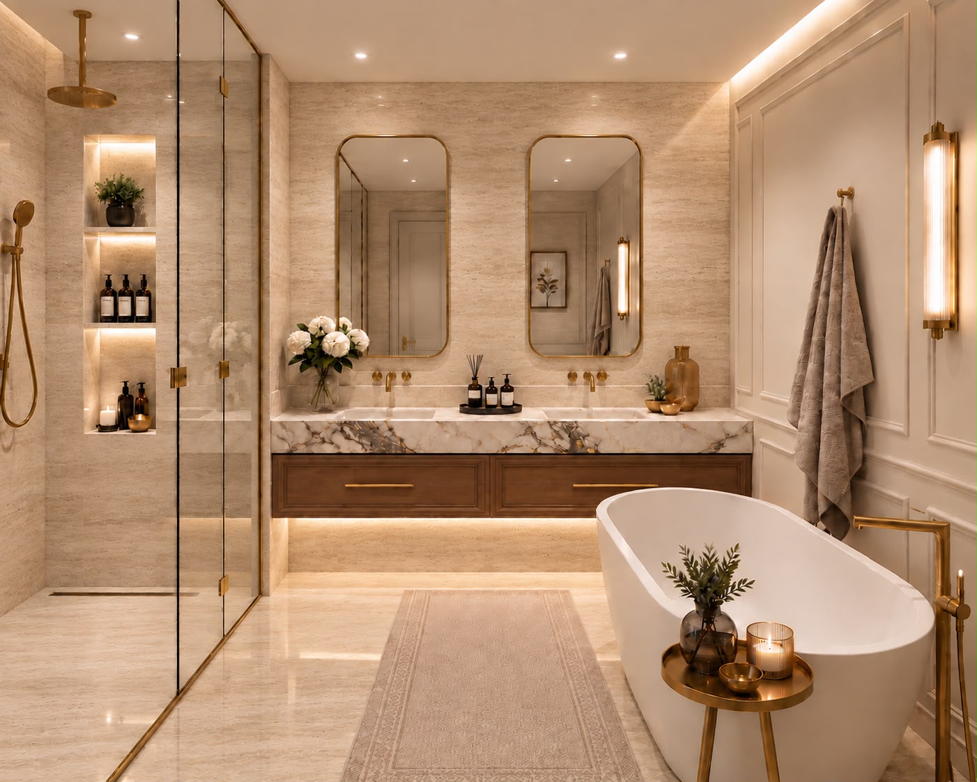 Baño principal con doble vanitory de mármol, ducha vidriada y bañera exenta