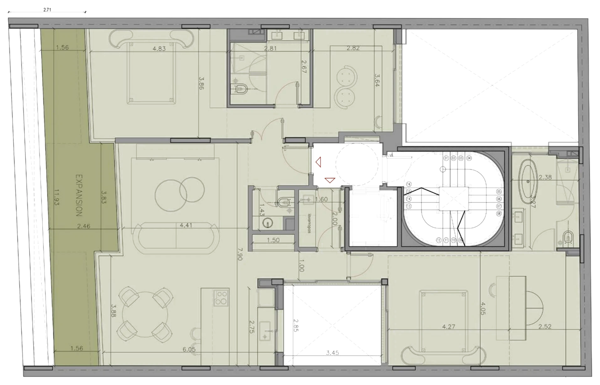 Plano de piso 4, nivel +12,95 m
