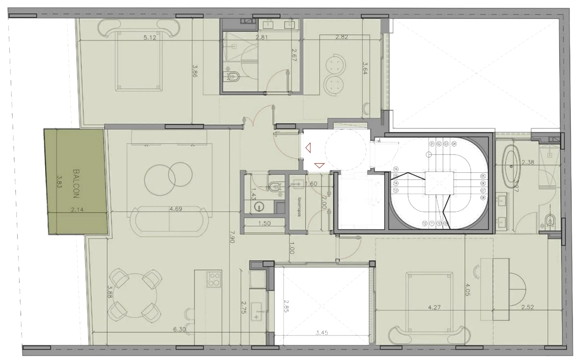 Plano de piso 5, nivel +16,00 m