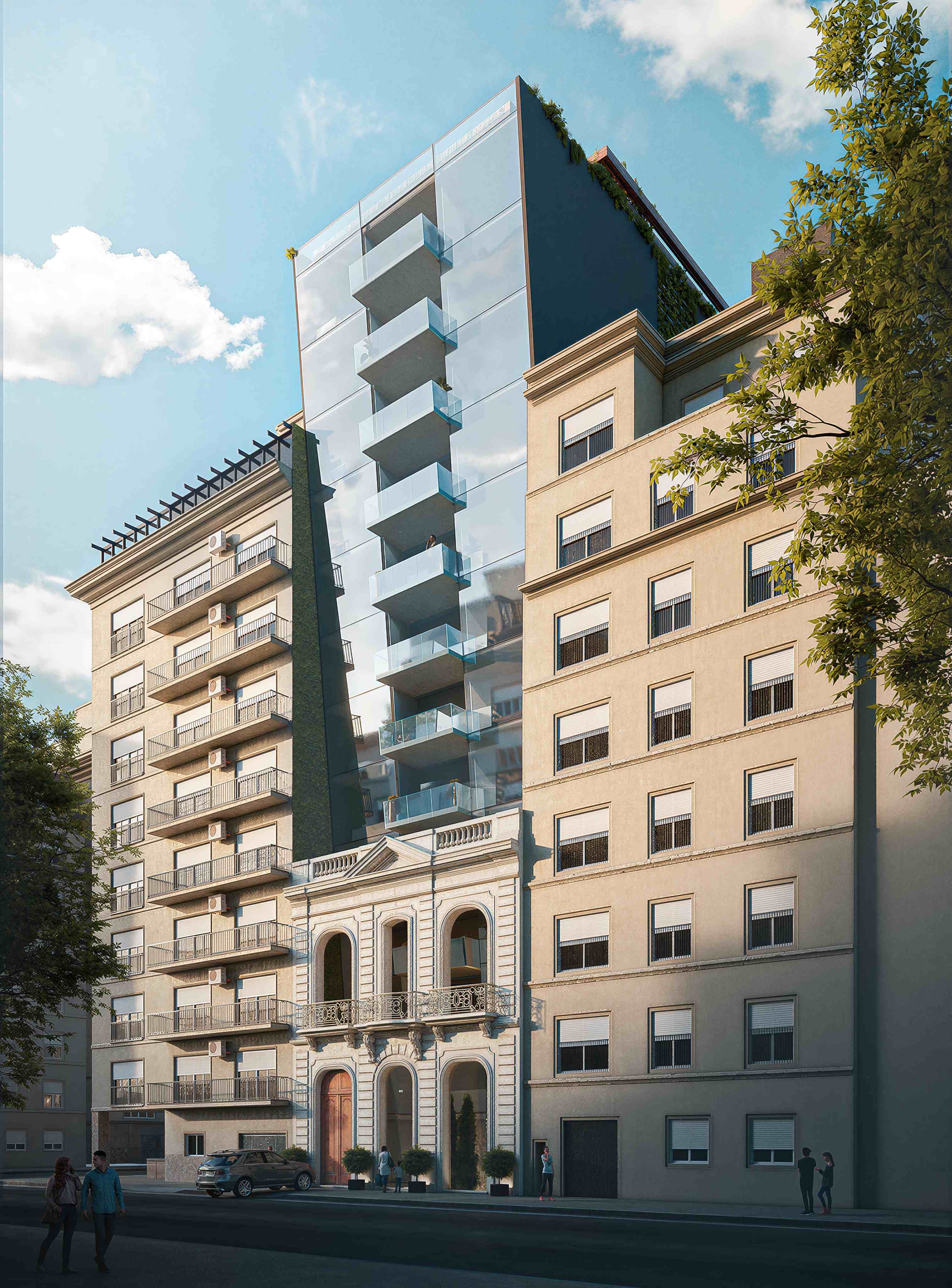 Render de la fachada de Pride Maison Alvear: el Palacio Lawson de 1916 restaurado bajo la torre de vidrio con balcones